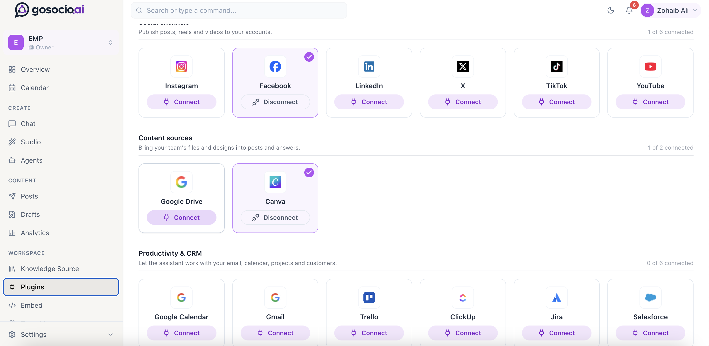 GoSocio integrations showing social channels, Google Drive and Canva content sources, plus calendar, email, project and CRM connection options
