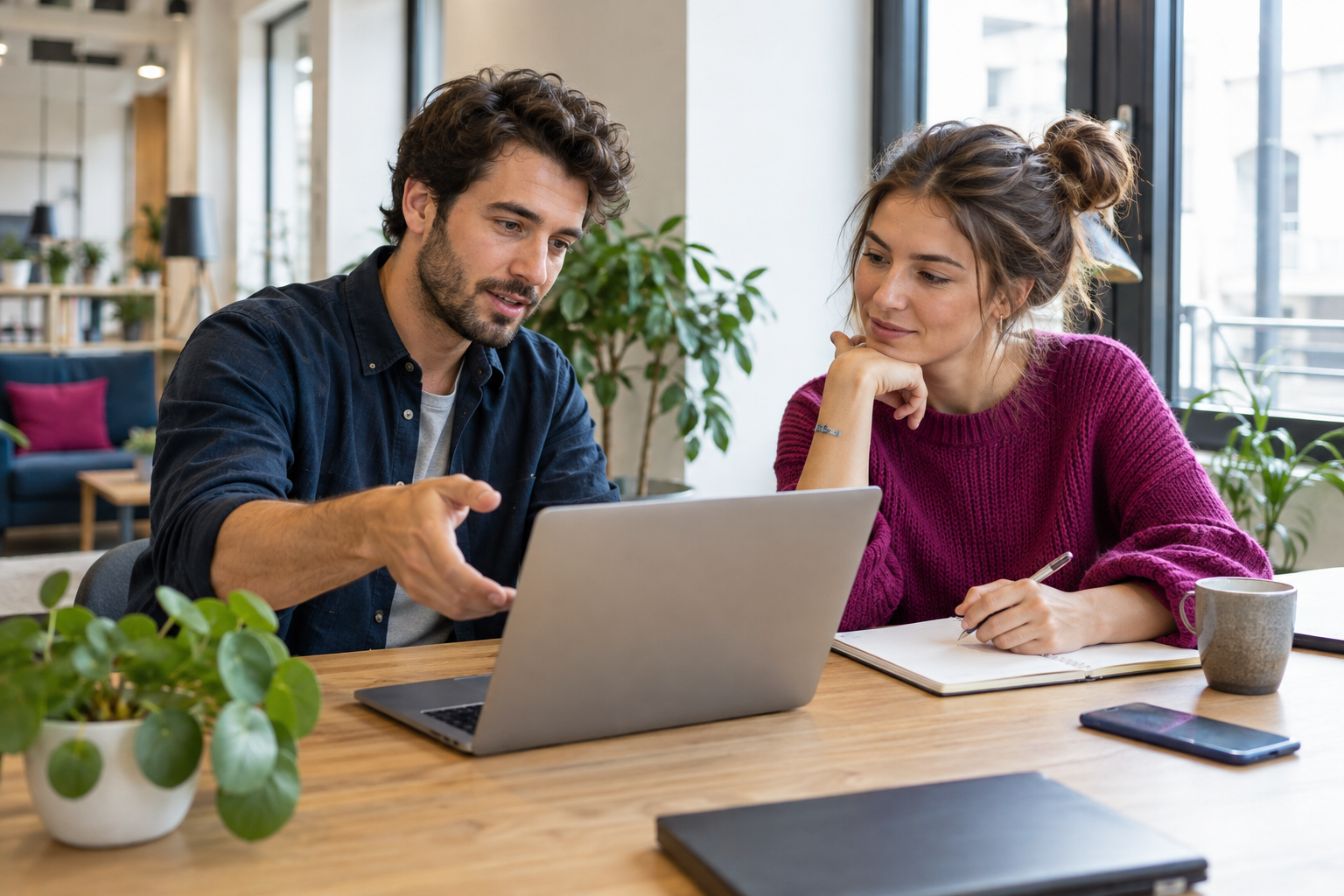 AI-generated illustration of two professionals discussing a software workflow at a desk